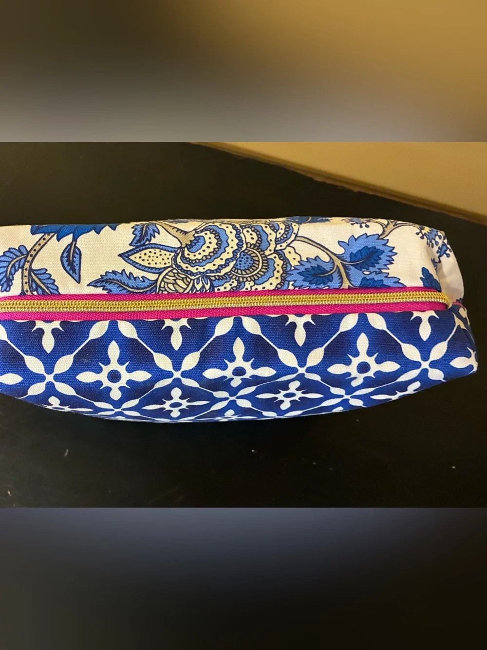 Estée Lauder Make Up Bag Zip Top Blue White Floral & Geometric NWOT